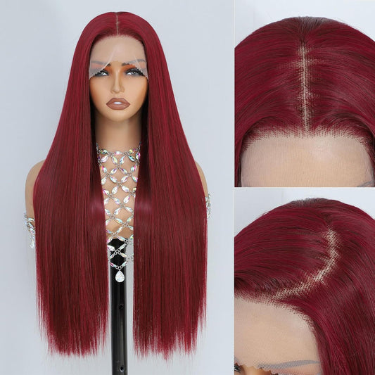 Women's Lace Wine Red Medium Hair Synthetic Long Straight Wig