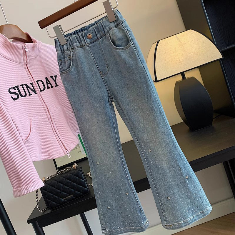 Children's Trousers Rhinestone Denim Fleece-lined Thickened Slim Fit Children's Pants