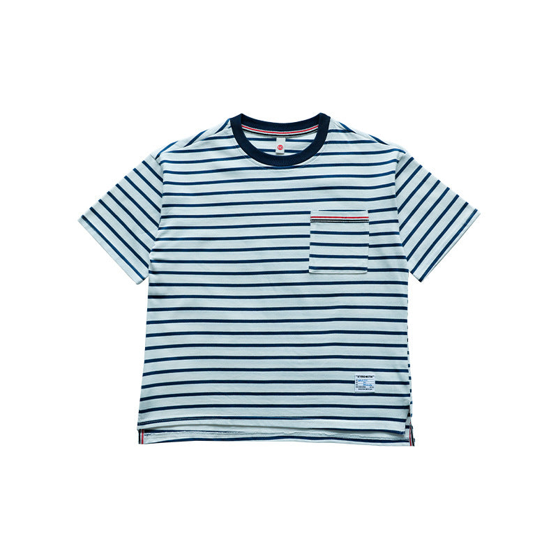 Men's & Children's Striped Short-sleeved Shirt Summer Medium Big Double Yarn Cotton Children's T-shirt