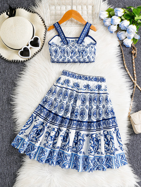 Blue White Porcelain Ethnic Dress Young Little Summer Children's Suit