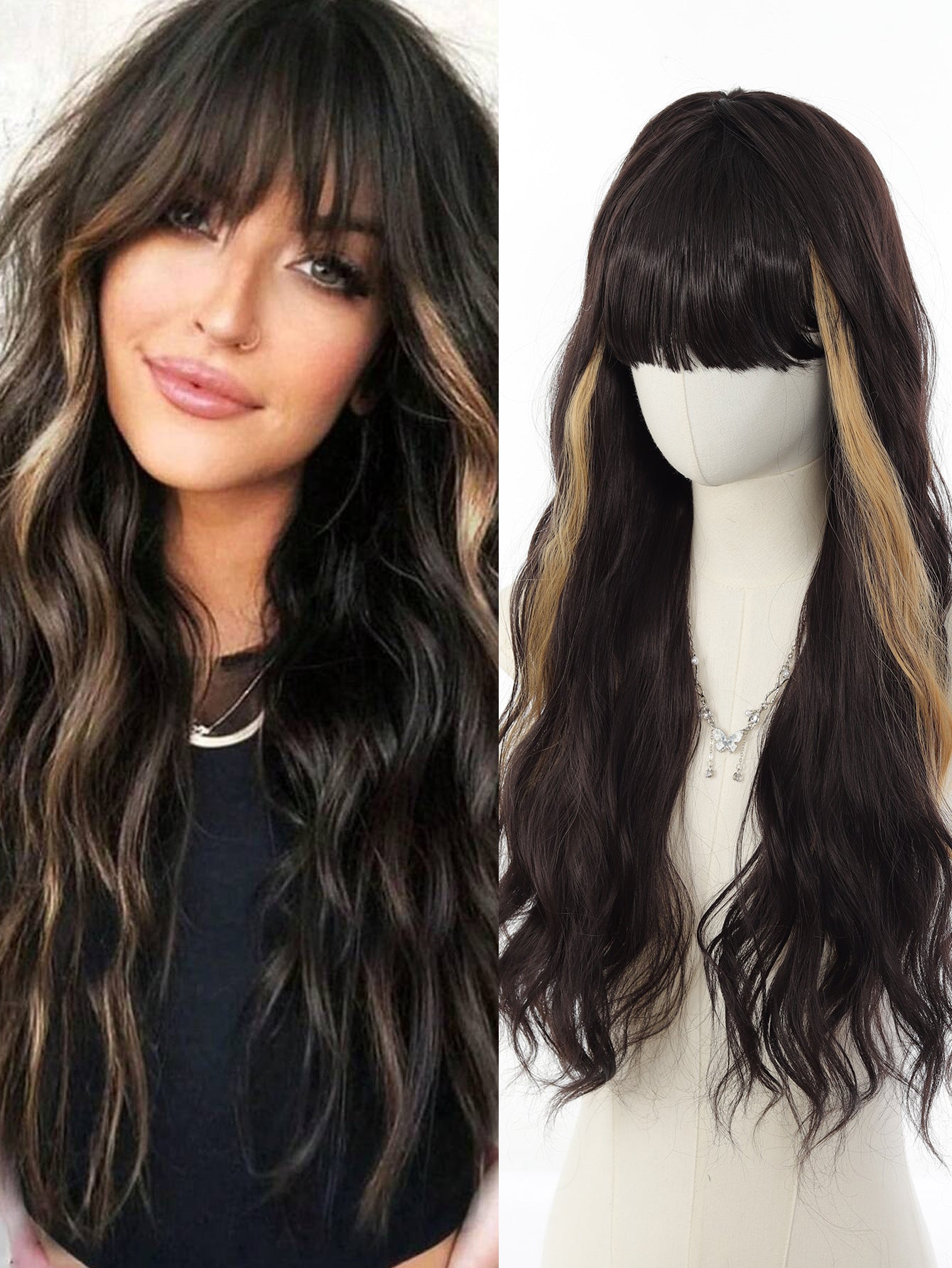 Scalp Head Dyed Black Brown Hair Straight Bangs Synthetic Wig Long Curls