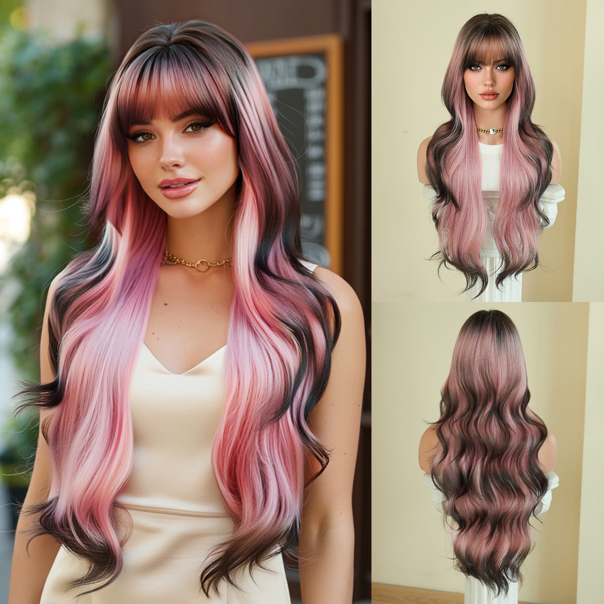 Gradient Color Wave Super Curly Hair Straight Bangs Fluffy Chemical Wig Long Curls