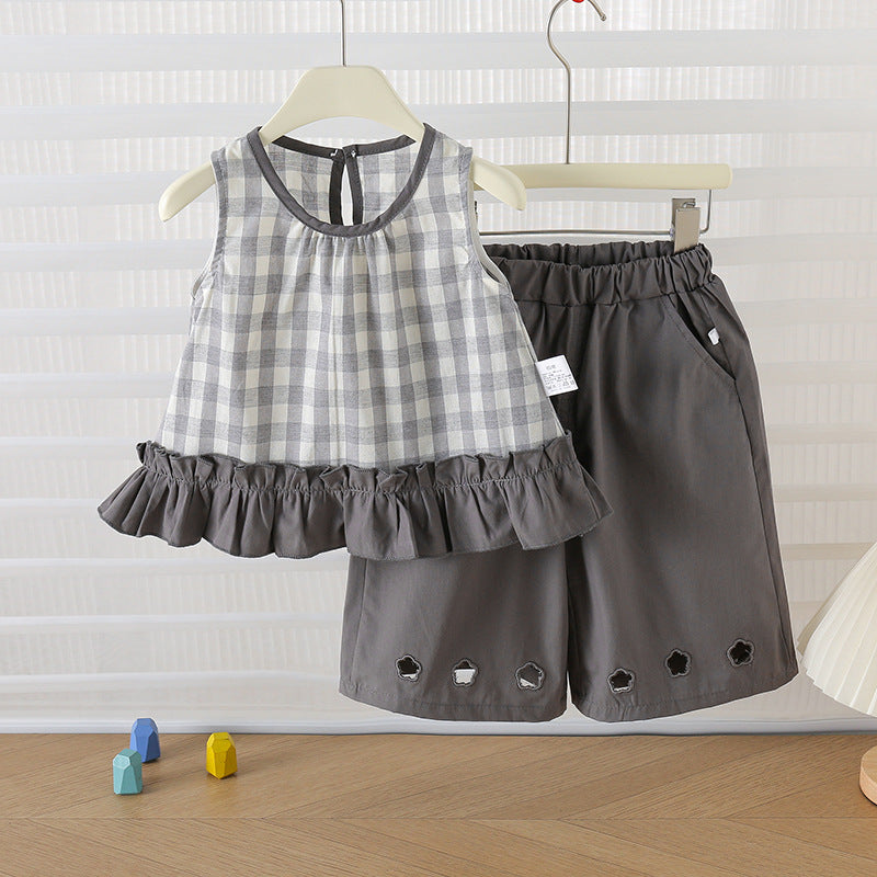 Women's Summer Plaid Leisure Forest Style Trendy Lace Wide Shoulder Set Children's Suit