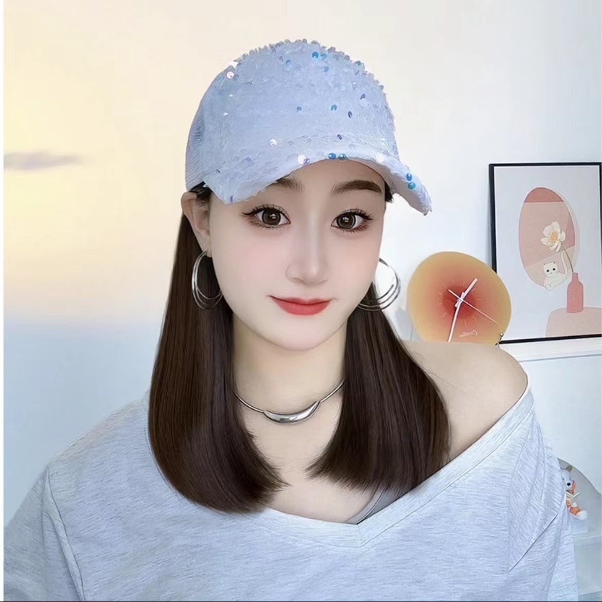 Integrated Summer Hollow Breathable Gradient Sequin Peaked Cap Wig Short Straight Hair
