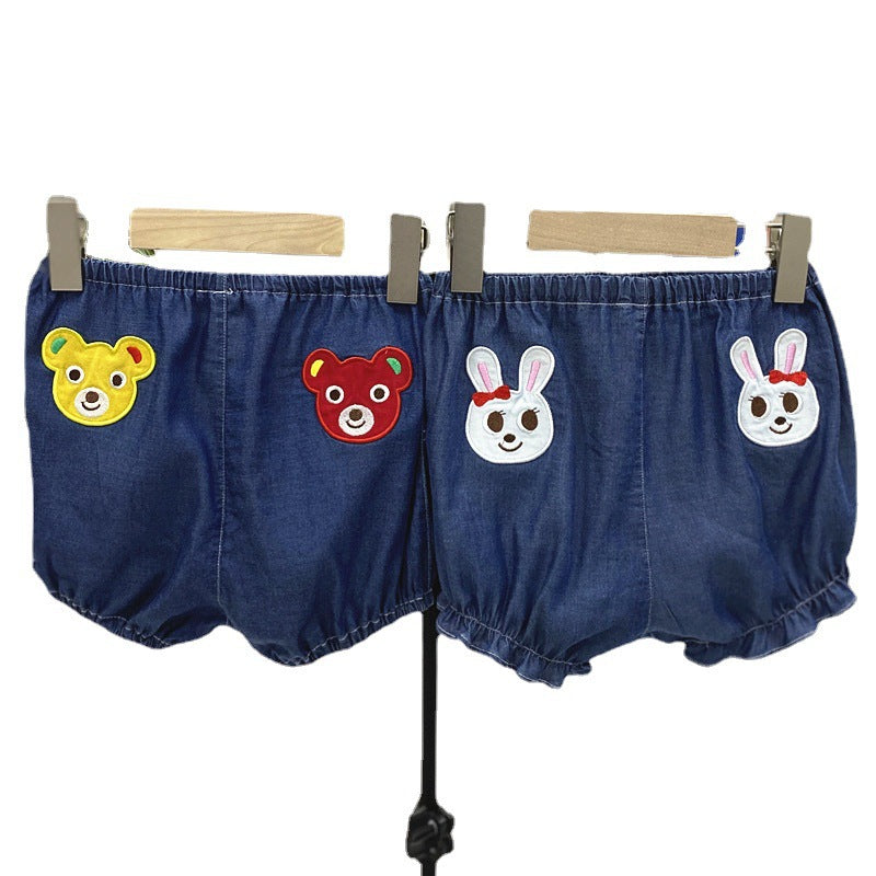 Children's Soft Embroidered Denim Bear Bunny Shorts Big Outer Children's Pants