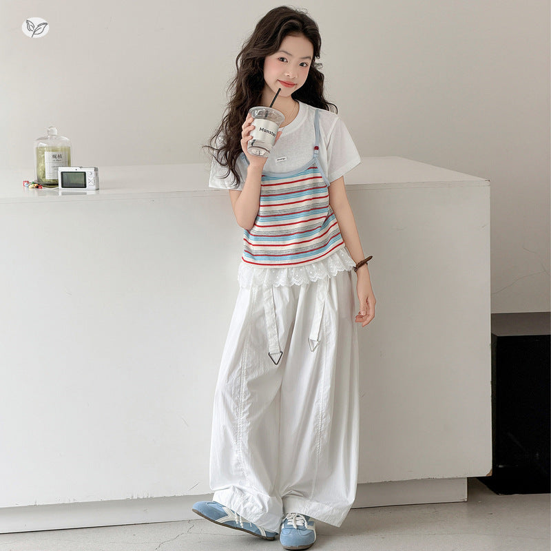 Two-piece Suspender T-shirt Pants Summer Middle Big Lace Striped Short Children's Suit