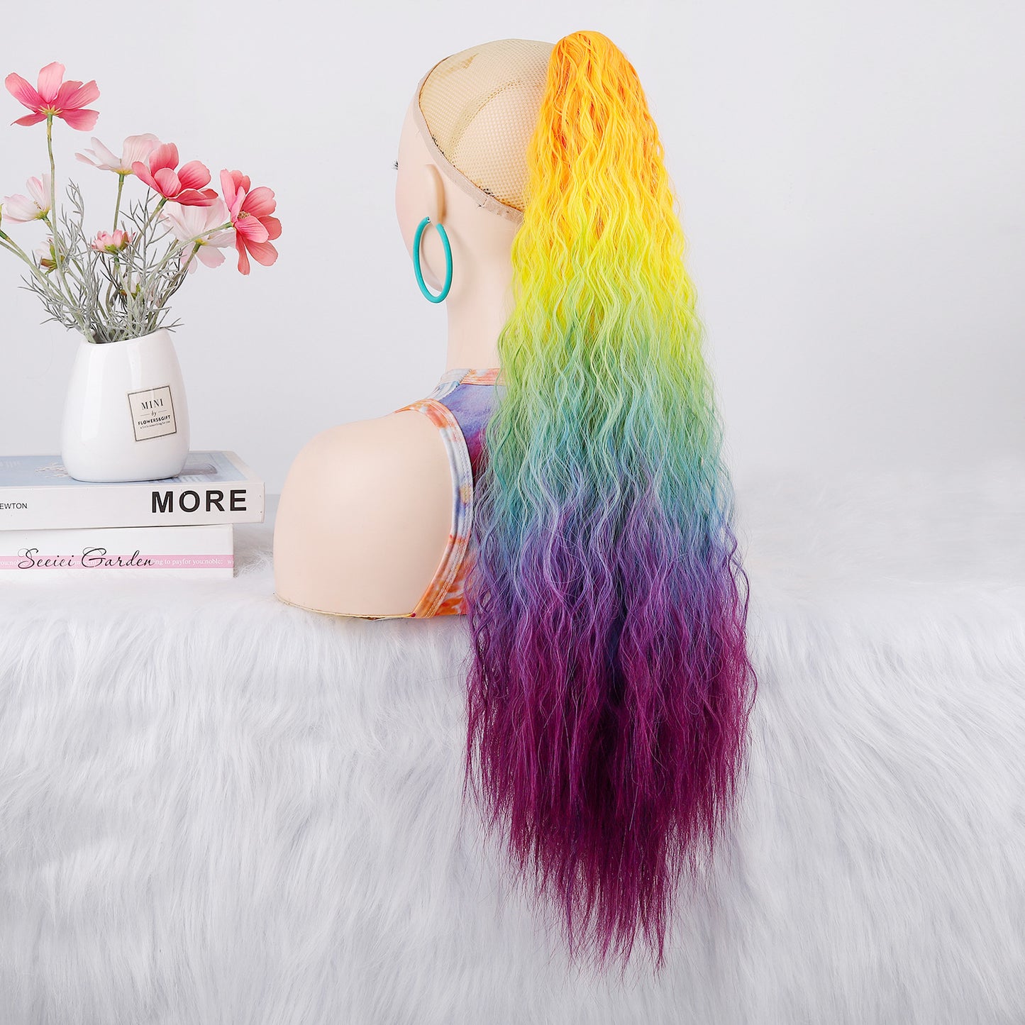 Women's Color Long Curly Hair Grip Dyed Corn Curler Water Ripple Wig Ponytail