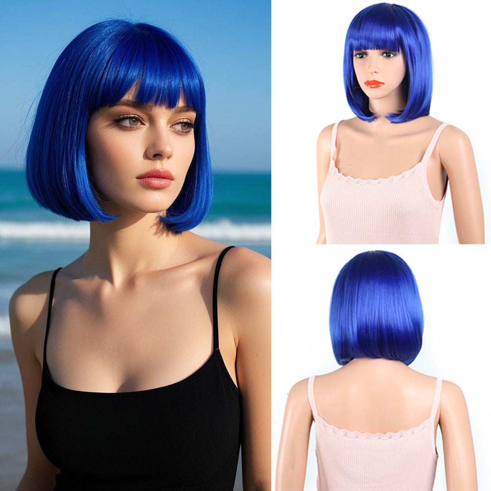 Women's Fashion Long Black Head Cover With Wig Short Straight Hair