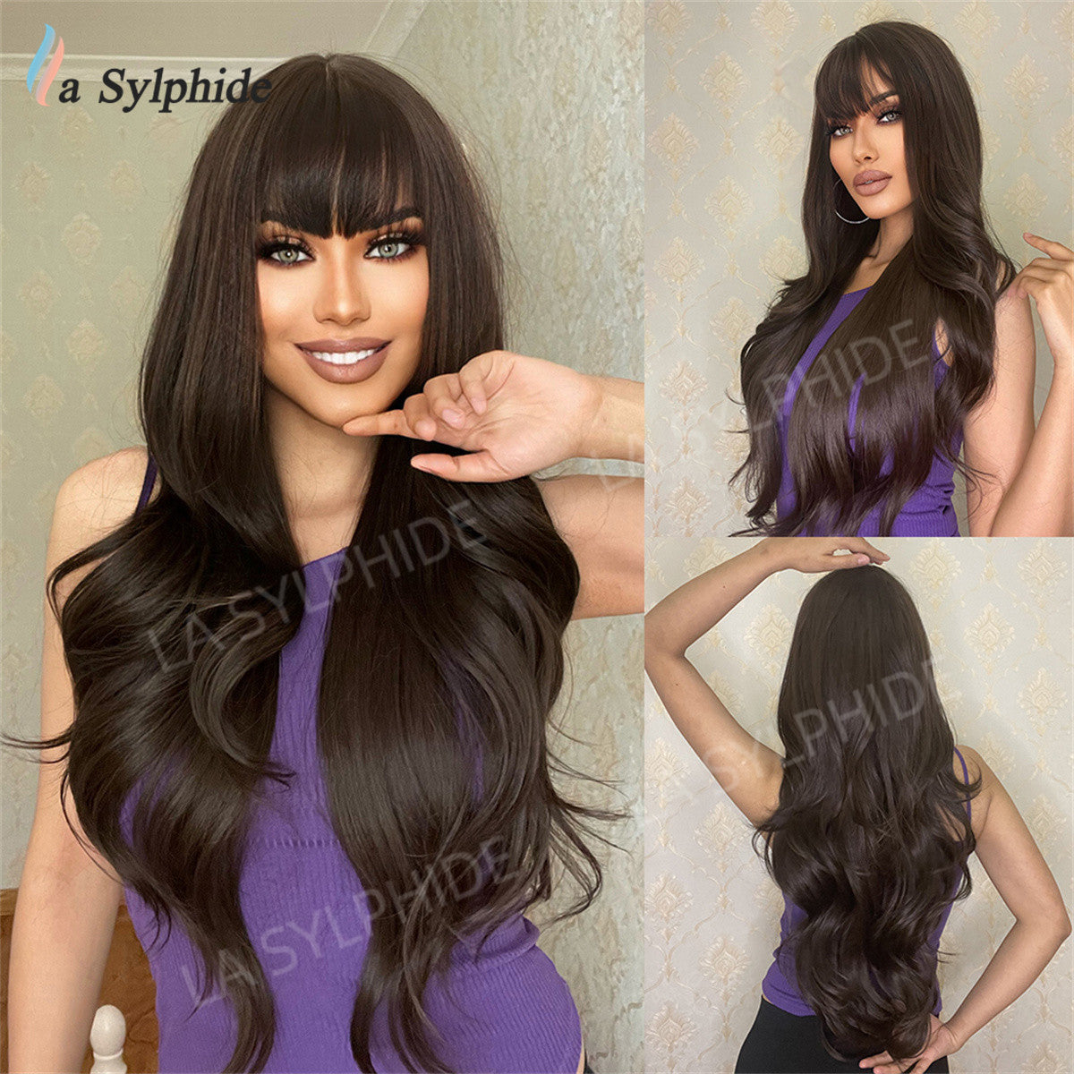 Curly Female Bangs Brown Golden Purple Wig Long Curls