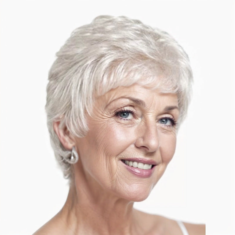 Women's Sier White Side Bangs Partial Points Wig Short Curly Hair