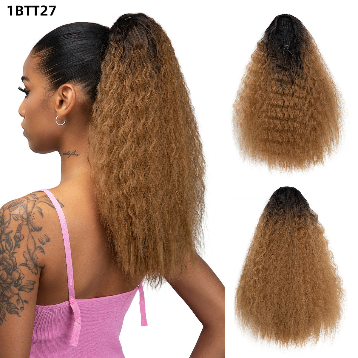 Corn Stigma Chemical Fiber Long Straight Hair Black Wig Ponytail