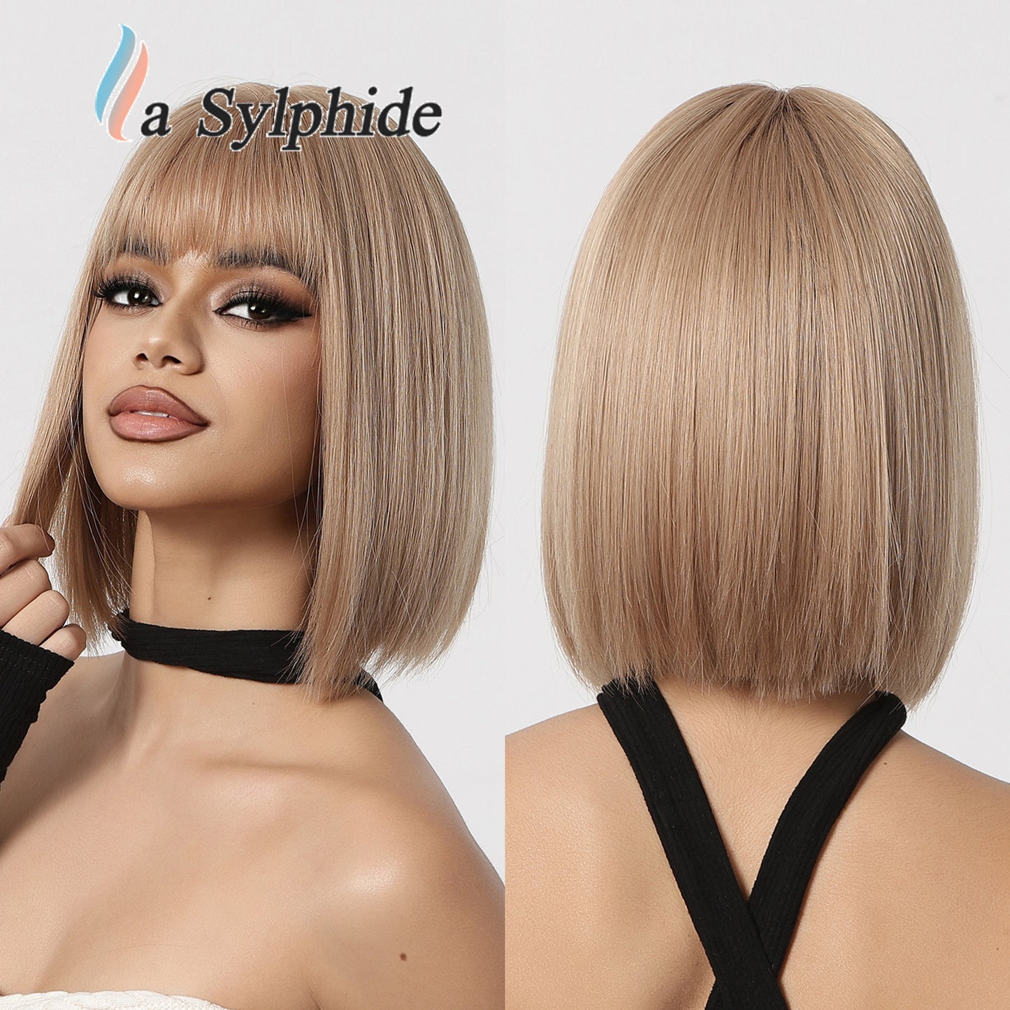 Women's Head Cut Pink Bangs Universal Halloween Wig Short Straight Hair