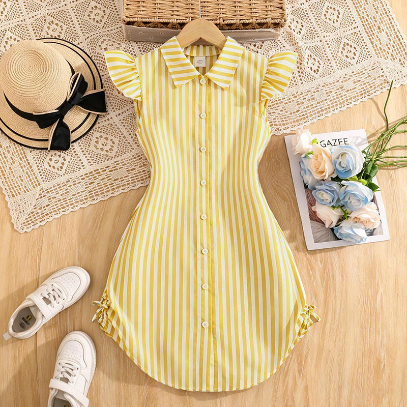 Elegant Striped Flying Sleeves Fitted Waist Children's Dress