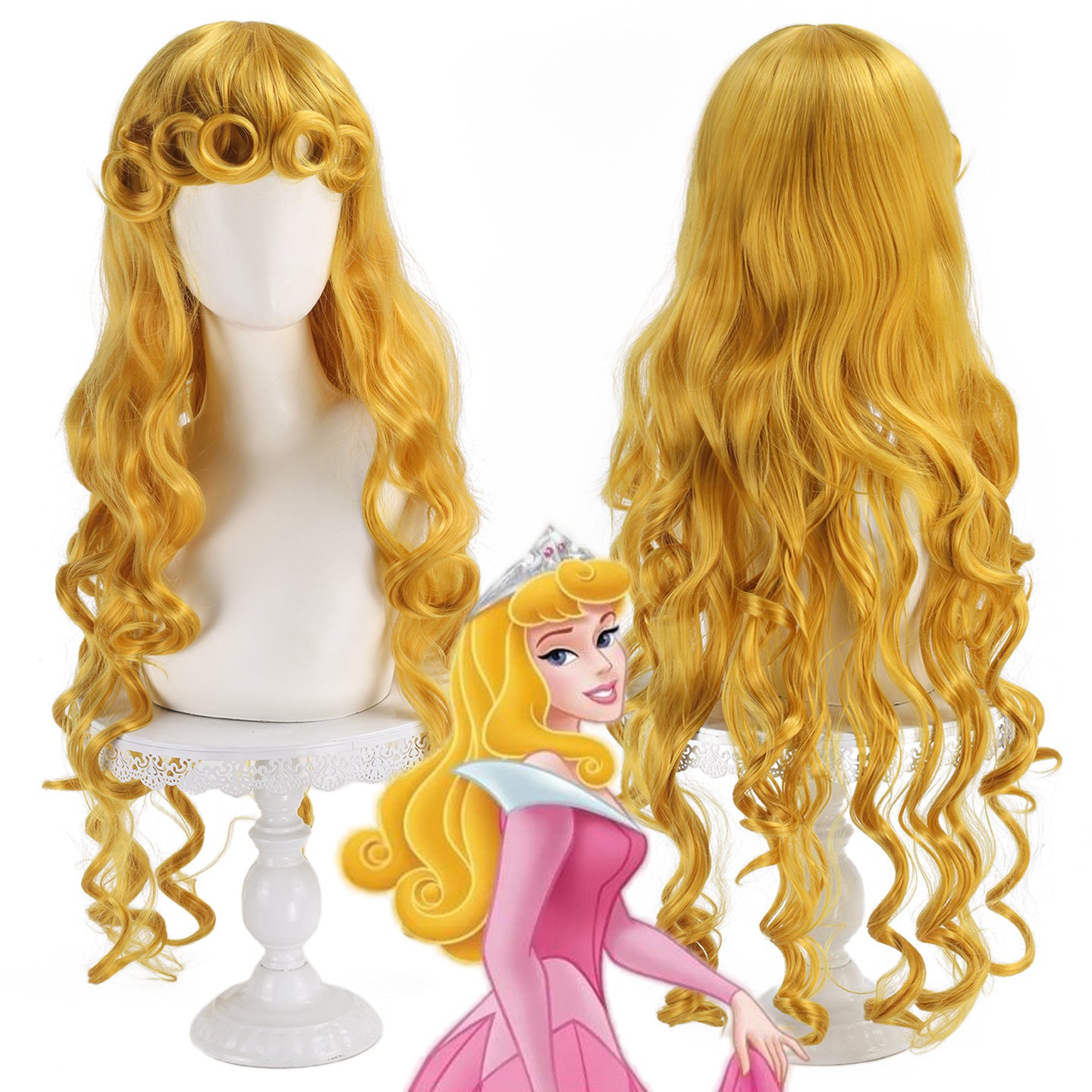 Sleeping Beauty Princess Aurora Long Golden Yellow Blonde Cos Wig