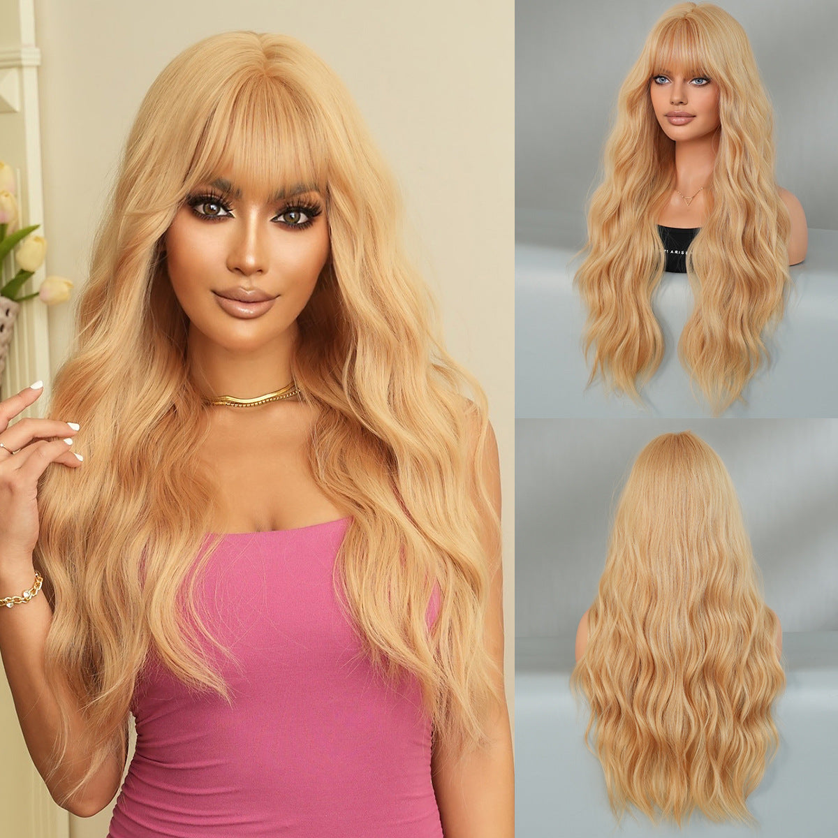 Black Tea Brown Straight Bangs Curly Wig Long Curls