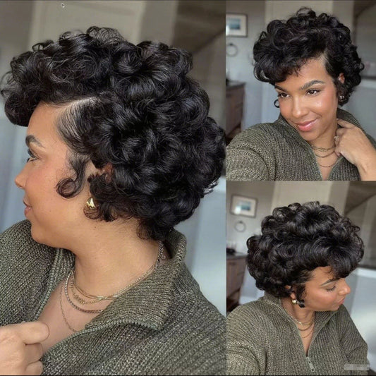 Lace Head Cover African Elf Short Real Hair Wig