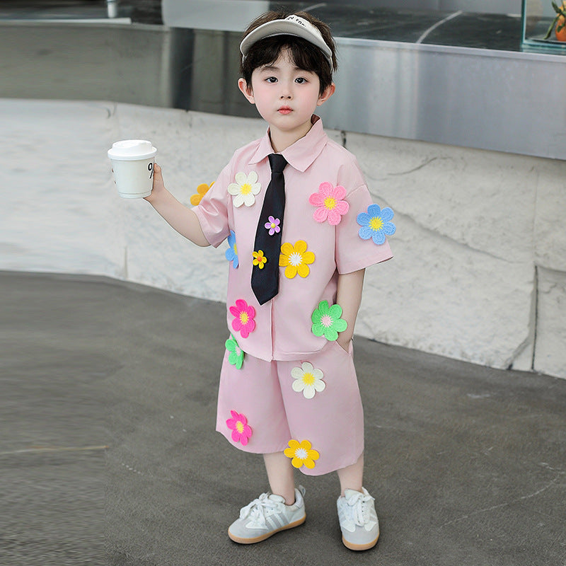 Children's Short-sleeved Tie Shirt Three-piece Kindergarten Performance Clothes Graduation Children's Suit