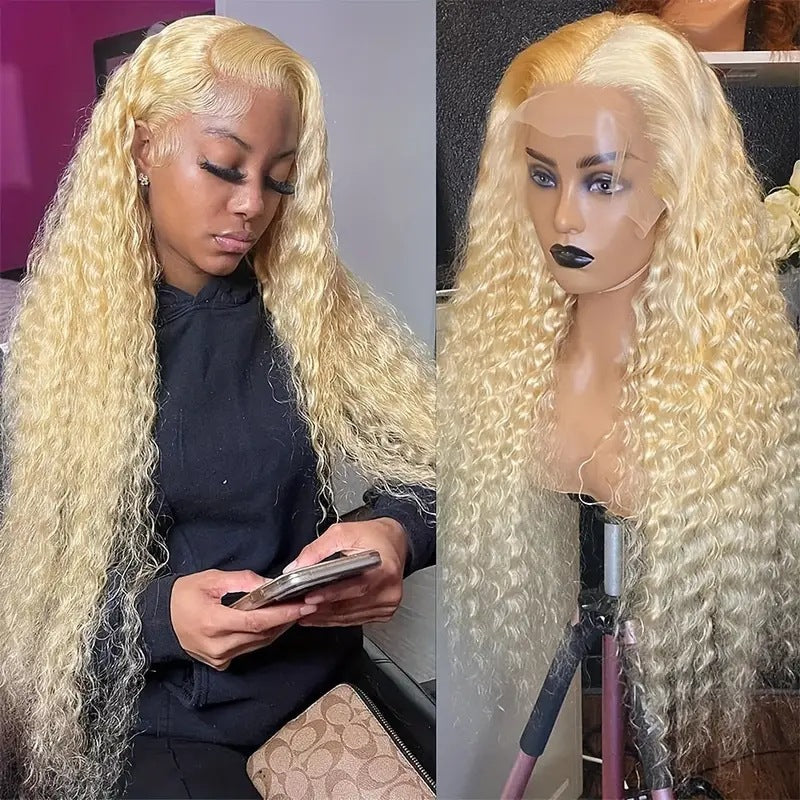 Women's Lace Light Gold Wigs With Small Curly Hair Medium Points Wig Long Curls