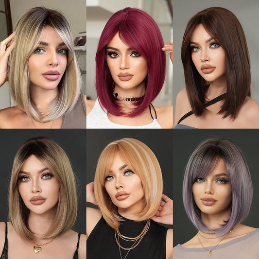 Shoulder Gradient Gold Side Division Bangs Natural Wig Short Straight Hair