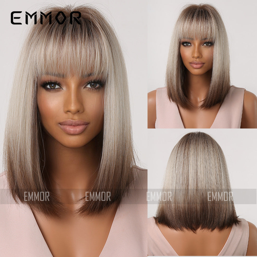 Female Bangs Gradient Gray Chemical Fiber Wig Short Straight Hair