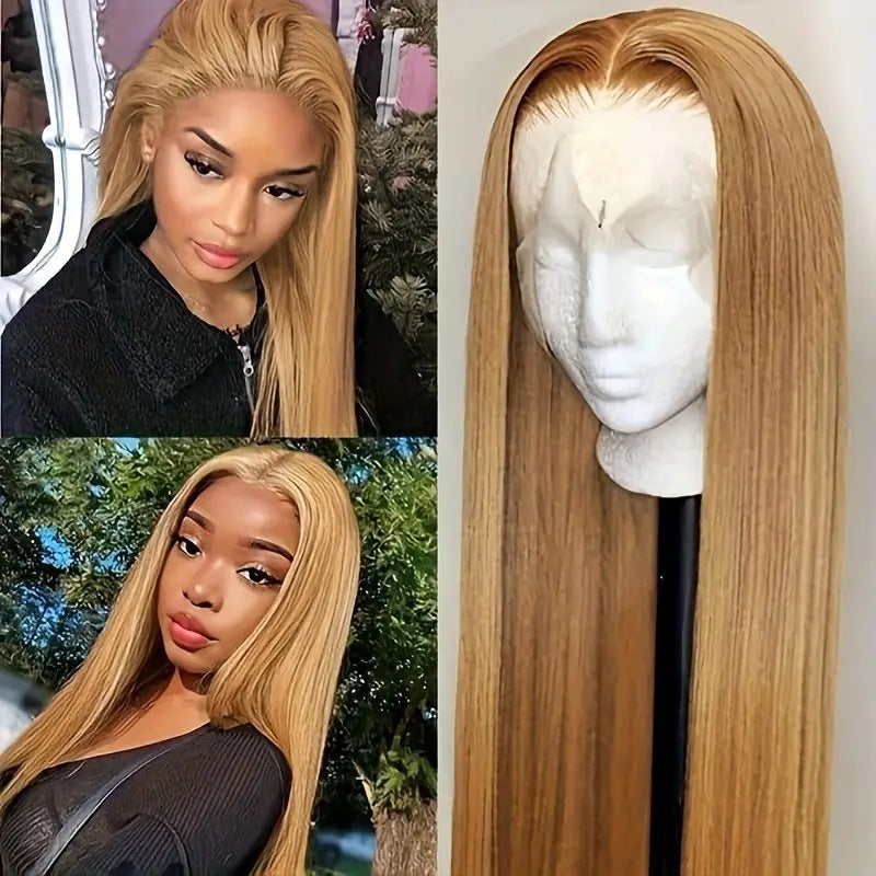 Fashionable Golden Medium Length Front Lace Long Straight Wig