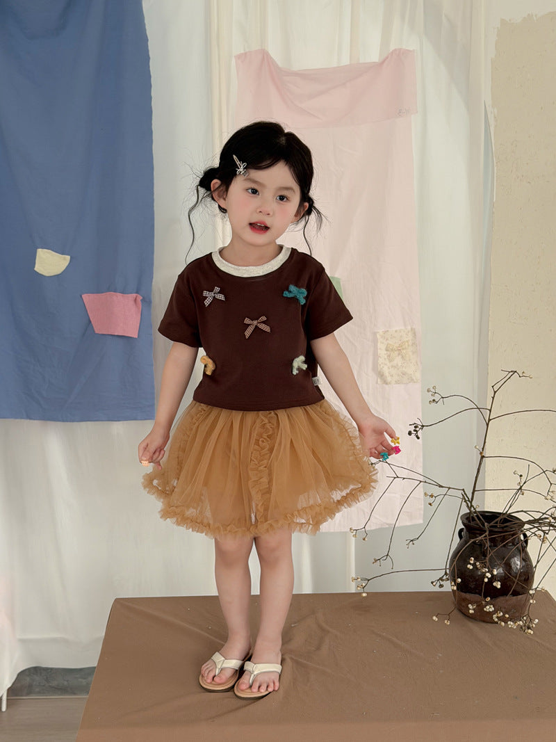 Children's Clothing Korean Style Color Bow Sweet Short Sleeve Children's T-shirt