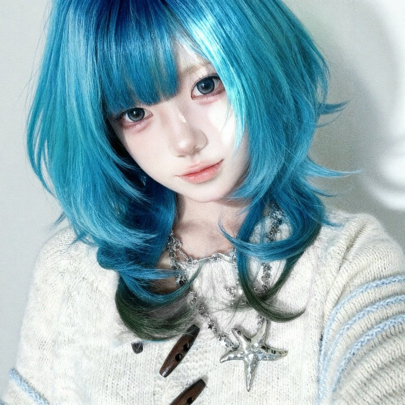 Blue Gradient Wolf Tail Jellyfish Head High-level Short Hair Straight Wig Long Curls