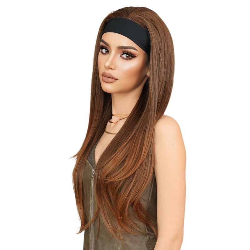 Women's Hot Wind Black Bandana Headband Layered Straight Hair Golden Brown Other Wig