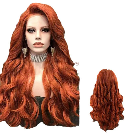 Women's Big Wave Head Cover Orange Curly Hair Wig Long Curls