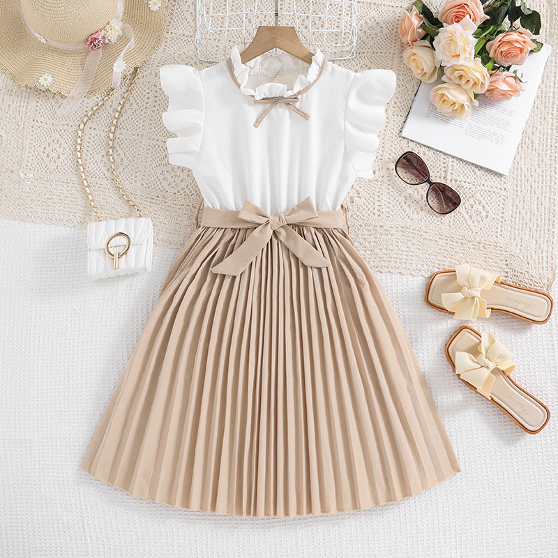 Children's Clothing Summer Style Flounced Sleeve Color Matching Pleated Children's Dress