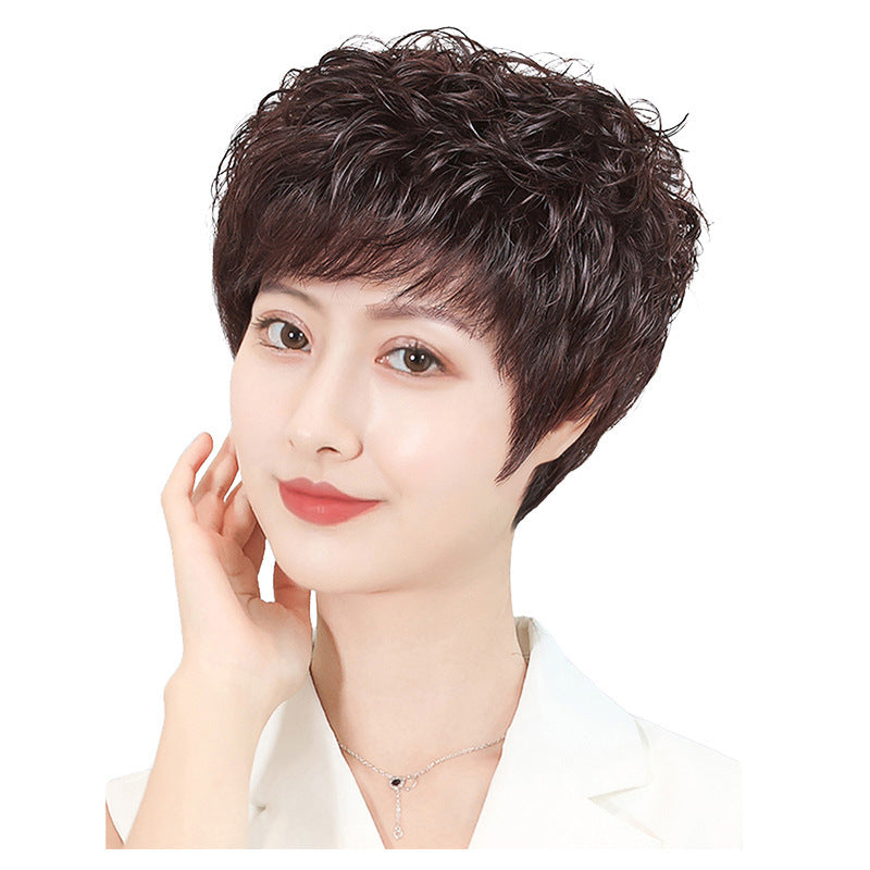 Mother's Head Cover Full Styling Roll Hand-woven Fluffy Gray Real Hair Wig