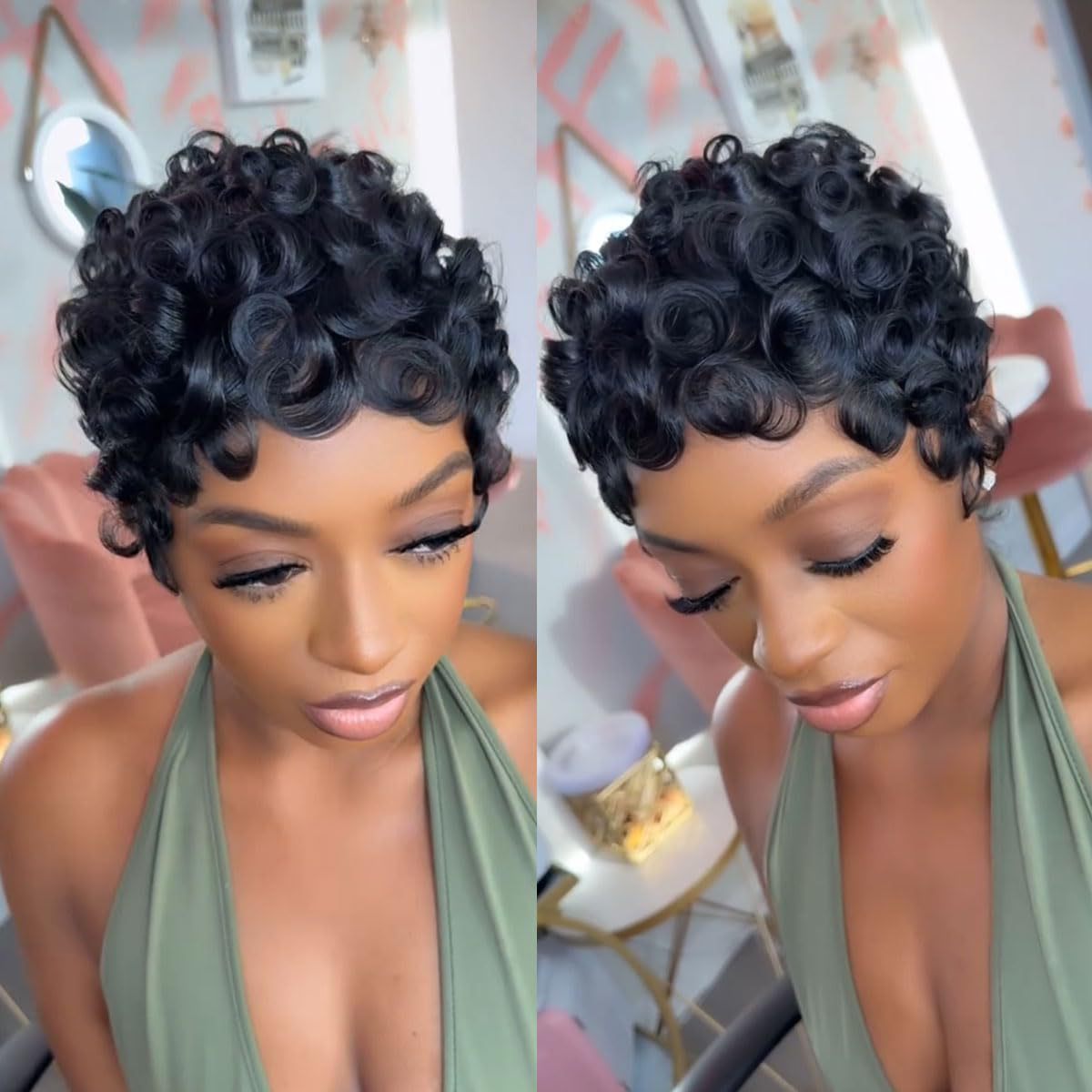 Women's African Small Black Elf Fiber Wig Short Curly Hair