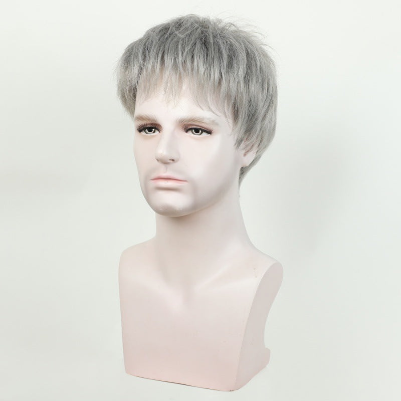 Men's Gray White Short Curly Head Cover Men's Wig