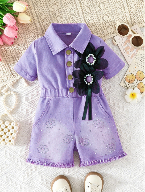 Lapel Waist Tight Pearl Flower Decoration Jumpsuit, Climbing Suit