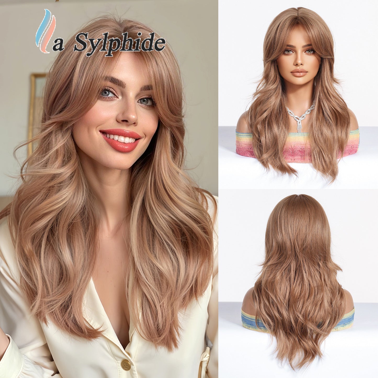 Live Broadcast Brown Golden Gradient Rose Net Mechanism Bangs Fashion Wig Long Curls