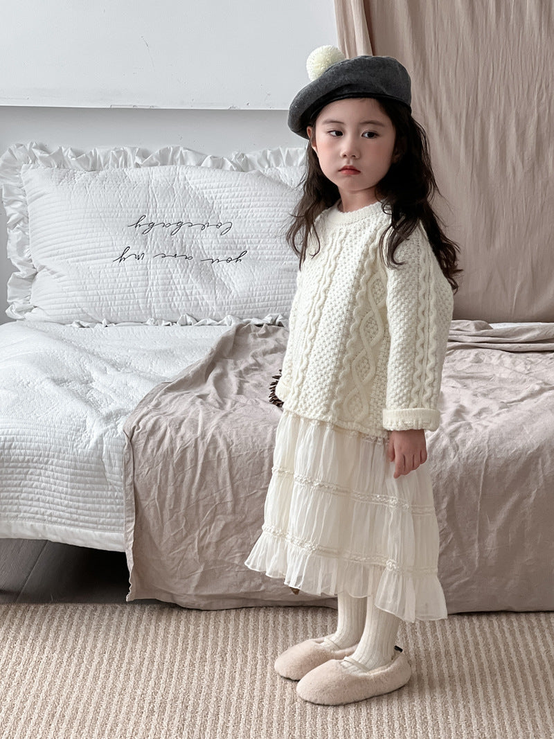 Children's Korean Style Clothing Sweater Stitching Mesh Princess Knitted Children's Dress