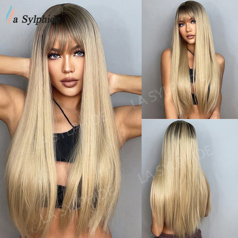Head Cover Brown Straight Bangs Long Chemical Wig Short Curly Hair