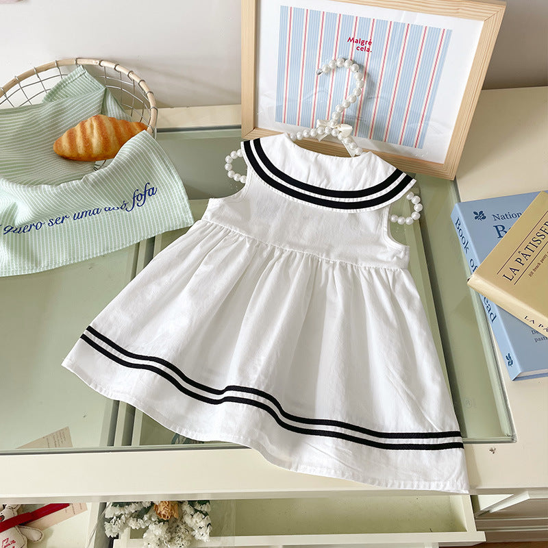 Summer Striped Lapel Cat Embroidered Preppy Children's Dress