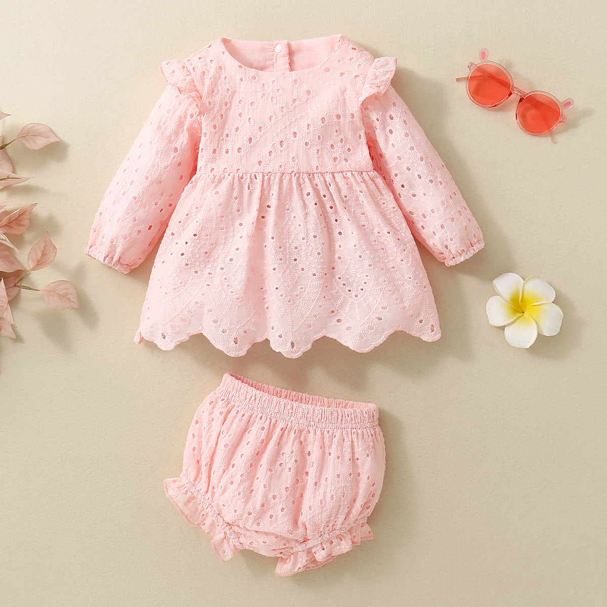 Summer Cotton Net Pink White Open Back Long Sleeve Skirt Children's Suit