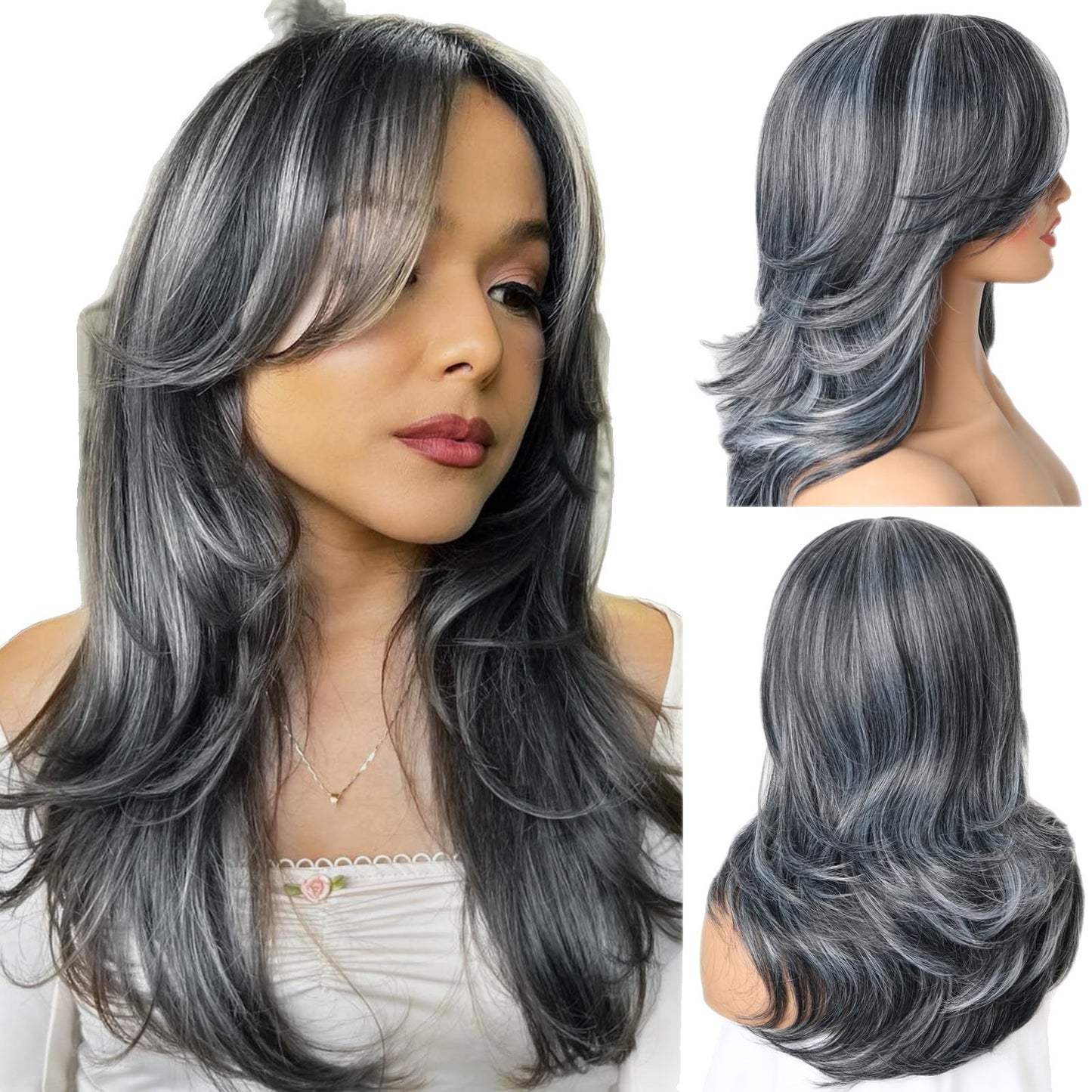 Bangs Layer Head Cover Gray Chemical Fiber Medium Wig Long Curls