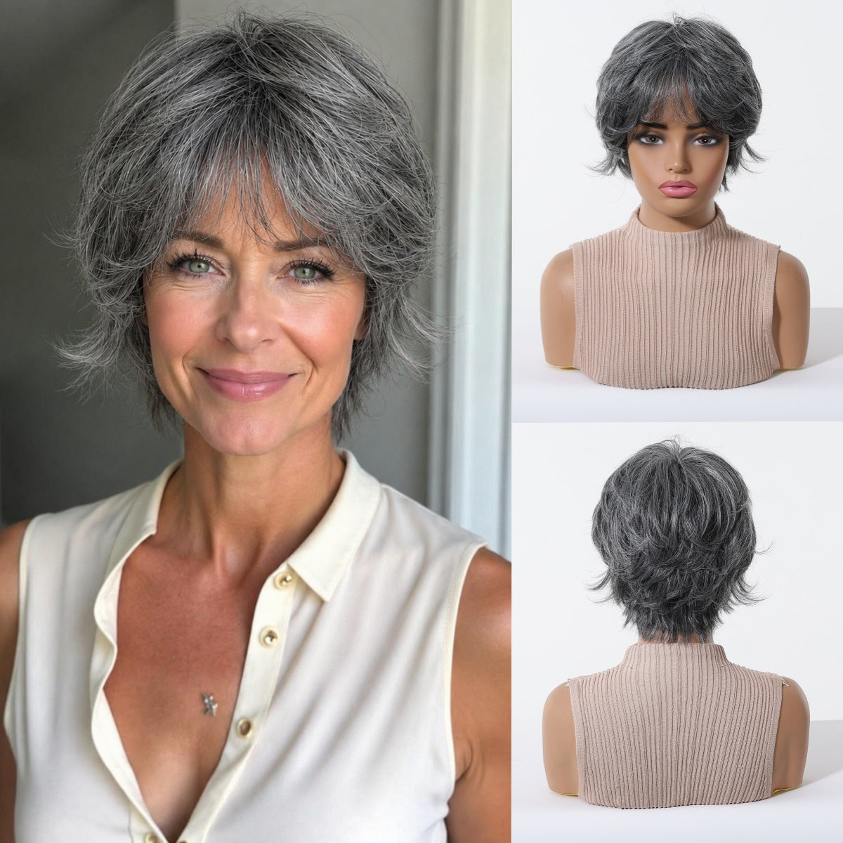 Stylish Sier Gray Grandma Chemical Fiber Wig Short Straight Hair