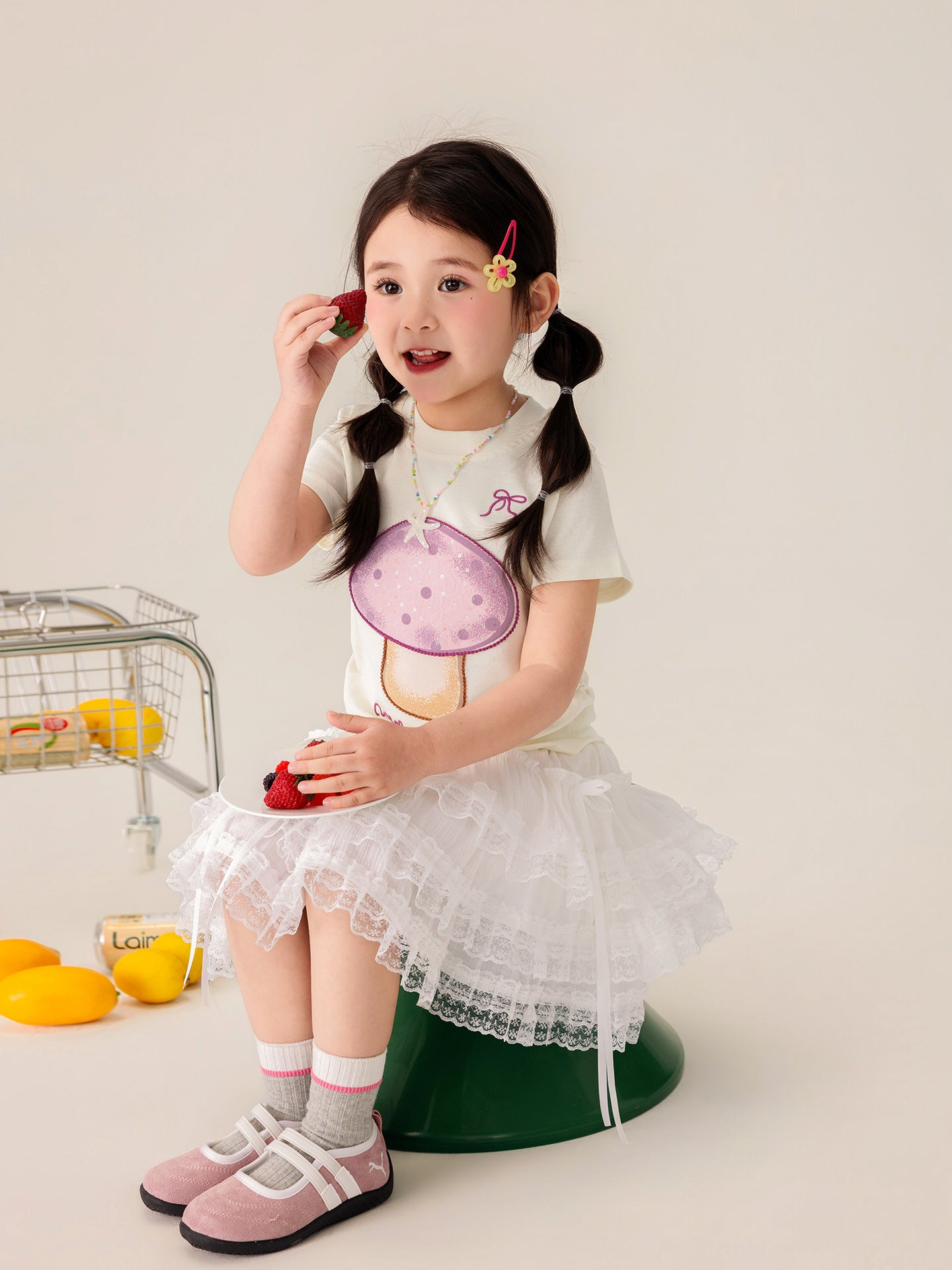 Children's High Elastic Fine Cotton Rib Digital Painted Beaded Tube Embroidery Children's T-shirt