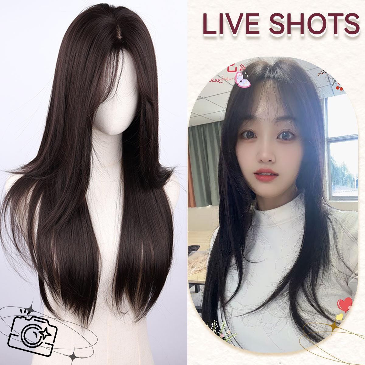 Natural Fluffy Female Front Black Light Top Long Straight Wig