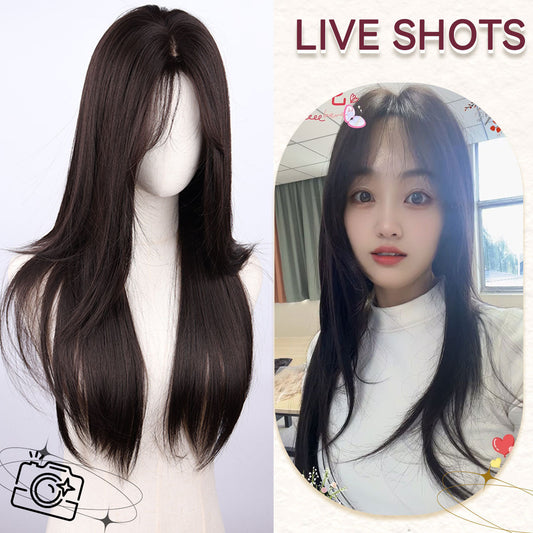 Natural Fluffy Female Front Black Light Top Long Straight Wig