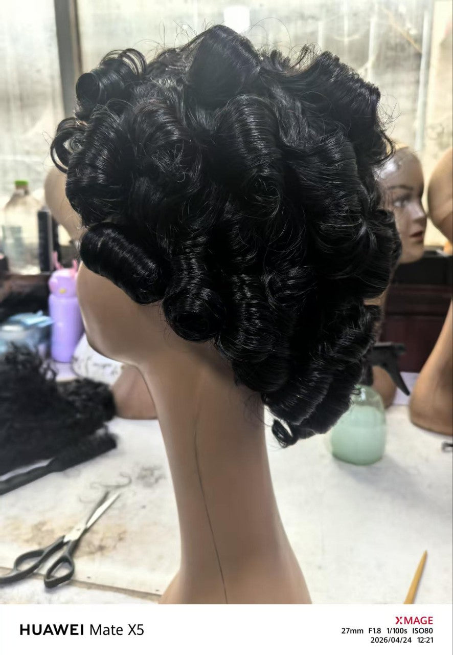 Lace Real Human Sheath Elf Head Wig Short Curly Hair