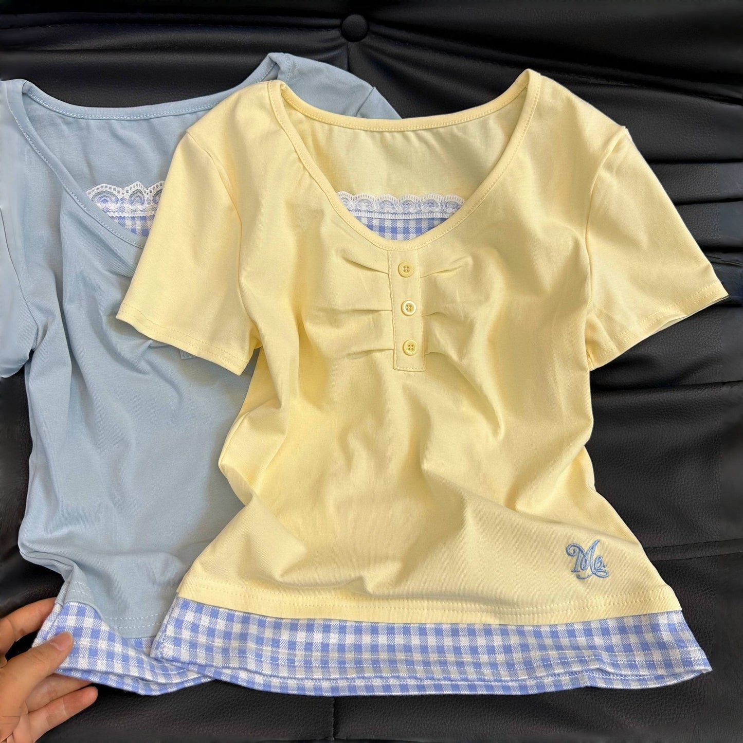 Lace Plaid Short-sleeved Summer Fashion Slim Fit Teens Bottoming Shirt Children's T-shirt
