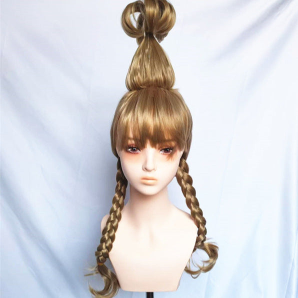 Graceful Christmas Golden Double Braid Female Cos Wig