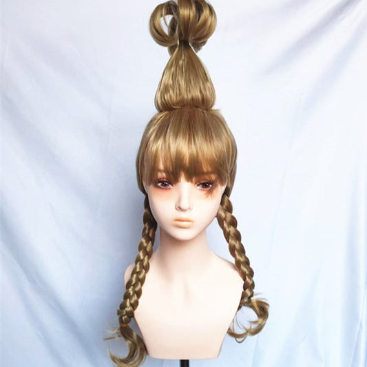 Graceful Christmas Golden Double Braid Female Cos Wig