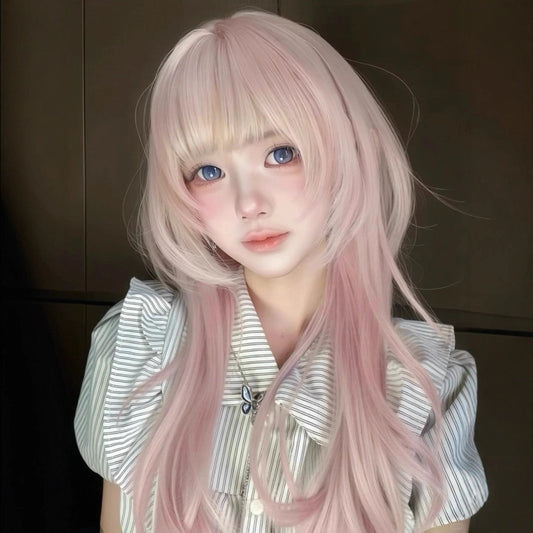 Female Cherry Pink High Level Head Daily Face Repair Long Straight Wig