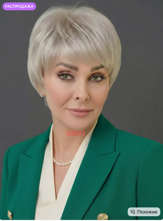 Women's Fashion Gray White Mixed Color Short Curly Hair Side Bangs Long Straight Wig